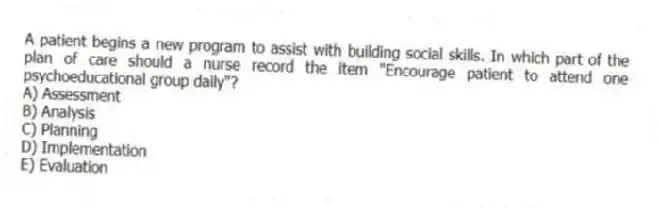 A patient begins a new program to assist with building social skills. In which part of the plan of care should a nurse record the item "Encourage patient to attend one psychoeducational group daily"?
A) Assessment
B) Analysis
C) Planning
D) Implementation
E) Evaluation