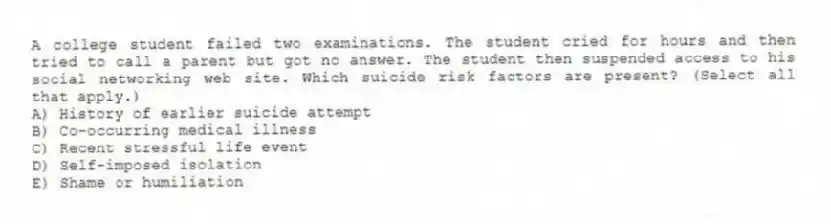 A college student failed two examinations. The student cried for hours and then tried to call a parent but got no answer. The student then suspended access to his social networking web site. Which suicide risk factors are present? (Select all that apply.)
A) History of earlier suicide attempt
B) Co-occurring medical illness
C) Recent stressful life event
D) Self-imposed isolation
E) Shame or humiliation