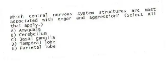 Which central nervous system structures are most associated with anger and aggression? (Select all that apply.)
A) Amygdala
B) Cerebellum
C) Basal ganglia
D) Temporal lobe
E) Parietal lobe