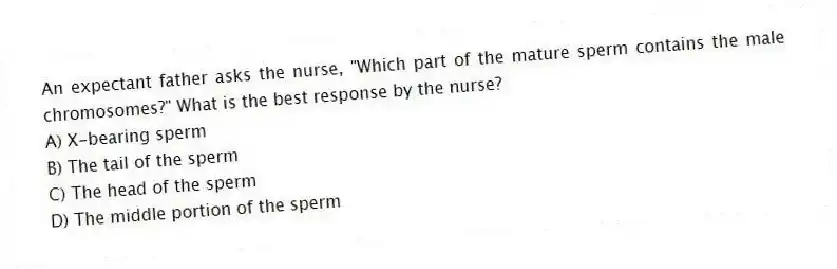 An expectant father asks the nurse, "Which part of the mature sperm contains the male chromosomes?" What is the best response by the nurse?
A) X-bearing sperm
B) The tail of the sperm
C) The head of the sperm
D) The middle portion of the sperm