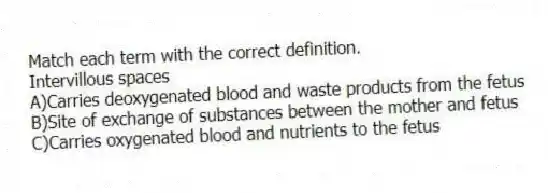 Match each term with the correct definition.
-Intervillous spaces
A)Carries deoxygenated blood and waste products from the fetus
B)Site of exchange of substances between the mother and fetus
C)Carries oxygenated blood and nutrients to the fetus