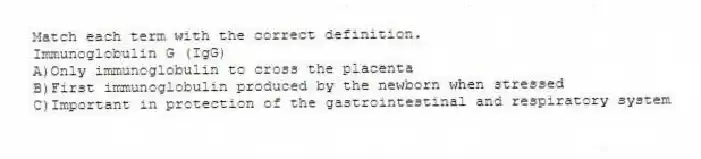 Match each term with the correct definition.
-Immunoglobulin G (IgG)
A)Only immunoglobulin to cross the placenta
B)First immunoglobulin produced by the newborn when stressed
C)Important in protection of the gastrointestinal and respiratory system