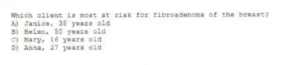 Which client is most at risk for fibroadenoma of the breast?
A) Janice, 38 years old
B) Helen, 50 years old
C) Mary, 16 years old
D) Anna, 27 years old