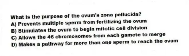 What is the purpose of the ovum's zona pellucida?
A) Prevents multiple sperm from fertilizing the ovum
B) Stimulates the ovum to begin mitotic cell division
C) Allows the 46 chromosomes from each gamete to merge
D) Makes a pathway for more than one sperm to reach the ovum