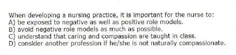 When developing a nursing practice, it is important for the nurse to:
A) be exposed to negative as well as positive role models.
B) avoid negative role models as much as possible.
C) understand that caring and compassion are taught in class.
D) consider another profession if he/she is not naturally compassionate.