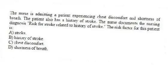 The nurse is admitting a patient experiencing chest discomfort and shortness of breath. The patient also has a history of stroke. The nurse documents the nursing diagnosis "Risk for stroke related to history of stroke." The risk factor for this patient is:
A) stroke.
B) history of stroke.
C) chest discomfort.
D) shortness of breath.