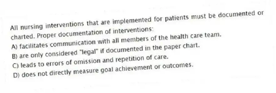 All nursing interventions that are implemented for patients must be documented or charted. Proper documentation of interventions:
A) facilitates communication with all members of the health care team.
B) are only considered "legal" if documented in the paper chart.
C) leads to errors of omission and repetition of care.
D) does not directly measure goal achievement or outcomes.