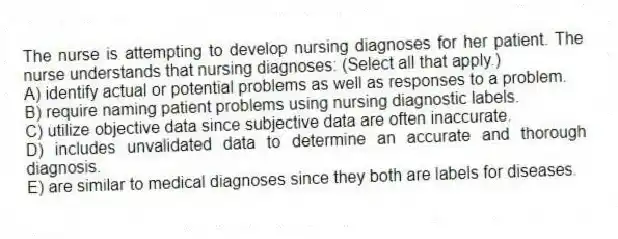 The nurse is attempting to develop nursing diagnoses for her patient. The nurse understands that nursing diagnoses: (Select all that apply.)
A) identify actual or potential problems as well as responses to a problem.
B) require naming patient problems using nursing diagnostic labels.
C) utilize objective data since subjective data are often inaccurate.
D) includes unvalidated data to determine an accurate and thorough diagnosis.
E) are similar to medical diagnoses since they both are labels for diseases.