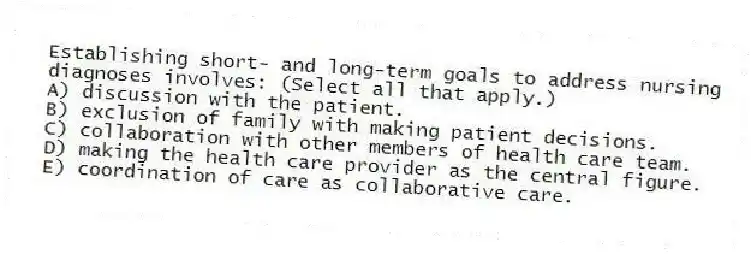 Establishing short- and long-term goals to address nursing diagnoses involves: (Select all that apply.)
A) discussion with the patient.
B) exclusion of family with making patient decisions.
C) collaboration with other members of health care team.
D) making the health care provider as the central figure.
E) coordination of care as collaborative care.
