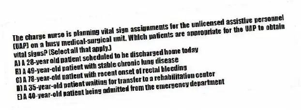 The charge nurse is planning vital sign assignments for the unlicensed assistive personnel (UAP) on a busy medical-surgical unit. Which patients are appropriate for the UAP to obtain vital signs? (Select all that apply.)
A) A 28-year old patient scheduled to be discharged home today
B) A 49-year-old patient with stable chronic lung disease
C) A 78-year-old patient with recent onset of rectal bleeding
D) A 35-year-old patient waiting for transfer to a rehabilitation center
E) A 40-year-old patient being admitted from the emergency department