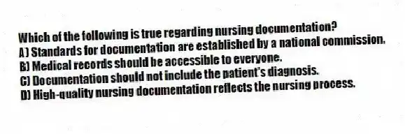 Which of the following is true regarding nursing documentation?
A) Standards for documentation are established by a national commission.
B) Medical records should be accessible to everyone.
C) Documentation should not include the patient's diagnosis.
D) High-quality nursing documentation reflects the nursing process.