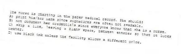 The nurse is charting in the paper medical record. She should:
A) print his/her name since signatures are often not readable.
B) not document her credentials since everyone knows that she is a nurse.
C) skip a line, leaving a blank space, between entries so that it looks neater.
D) use black ink unless the facility allows a different color.