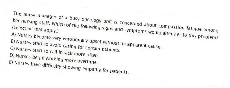 The nurse manager of a busy oncology unit is concerned about compassion fatigue among her nursing staff. Which of the following signs and symptoms would alter her to this problem? (Select all that apply.)
A) Nurses become very emotionally upset without an apparent cause.
B) Nurses start to avoid caring for certain patients.
C) Nurses start to call in sick more often.
D) Nurses begin working more overtime.
E) Nurses have difficulty showing empathy for patients.