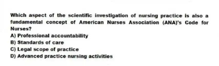 Which aspect of the scientific investigation of nursing practice is also a fundamental concept of American Nurses Association (ANA)'s Code for Nurses?
A) Professional accountability
B) Standards of care
C) Legal scope of practice
D) Advanced practice nursing activities