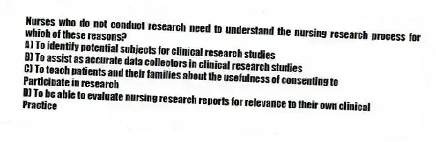 Nurses who do not conduct research need to understand the nursing research process for which of these reasons?
A) To identify potential subjects for clinical research studies
B) To assist as accurate data collectors in clinical research studies
C) To teach patients and their families about the usefulness of consenting to
Participate in research
D) To be able to evaluate nursing research reports for relevance to their own clinical
Practice