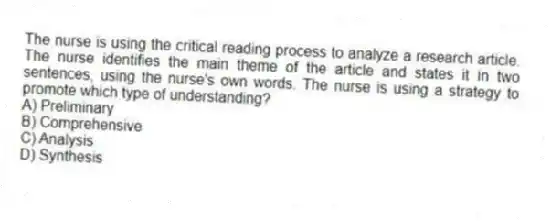 The nurse is using the critical reading process to analyze a research article. The nurse identifies the main theme of the article and states it in two sentences, using the nurse's own words. The nurse is using a strategy to promote which type of understanding?
A) Preliminary
B) Comprehensive
C) Analysis
D) Synthesis